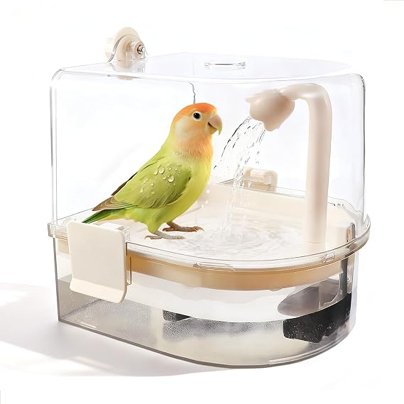 Automatic Circulating Bird Bath for Cage – Parrot Bath with Water Pump & 2 Replacement Filters, Bird Shower Box for Cockatiels Conures Parakeets Budgies Lovebirds Indoor Use (Brown)