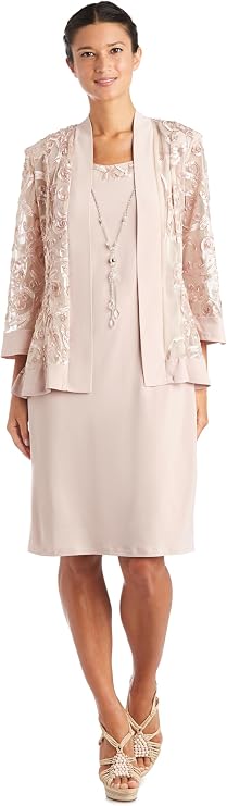 R&M Richards Women's 2-Piece Formal Jacket Dress | Embellished Mesh Jacket Over Sheath Dress W/Necklace for Evening Events