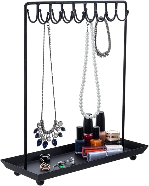 MyGift Black Metal Jewelry Organizer Stand, 20 Hook Necklace Holder