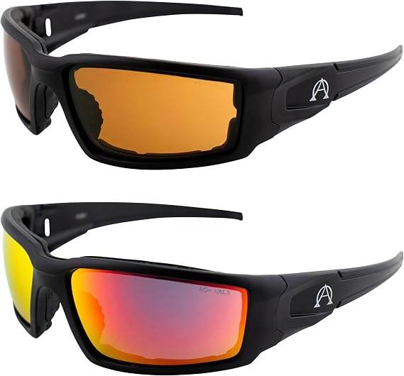 Alpha Omega AO5 Motorcycle Sunglasses Foam Padded Riding Safety Glasses Z87.1 for Men or Women 2 Pairs Black Frames w/Amber & Red Mirror Lenses