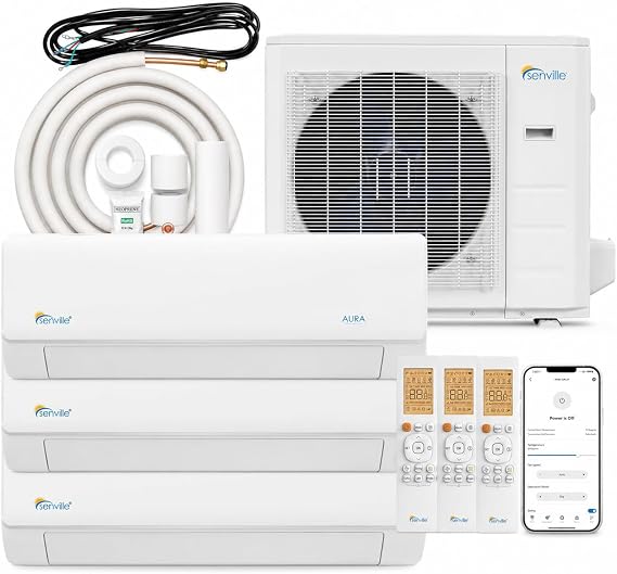 Senville Mini Split Air Conditioner Heat Pump, White, Tri Zone, 28000 BTU