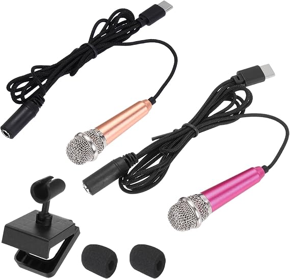 sourcing map 2 Pcs Mini Microphone, Mini Mic Tiny Microphone Phone Type C Mic Small Microphone with Bracket, Sponge Cover for Record Phone Voice, Gold/Hot Pink