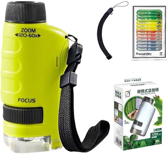 Minilabsters Miniscope Kids, Microscope for Kids, Pocket Microscope Kids, Mini Handheld Microscope 60-120x with LED Light for Children Learning, Education and Exploring The World (Green)