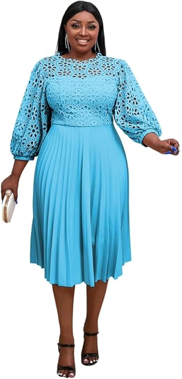 AOMEI Women's Elegant Lace Patchwork A-line Midi Pleated Hollow Out Lantern Sleeve Dress Wedding Guest Party Dresses