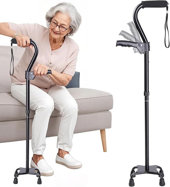 Quad Walking Cane Adjustable Men & Women, Foldable Walking Stick for Seniors, Lightweight & Sturdy with 4-Pronged Base for Extra Stability, Crutche with Foam Padded