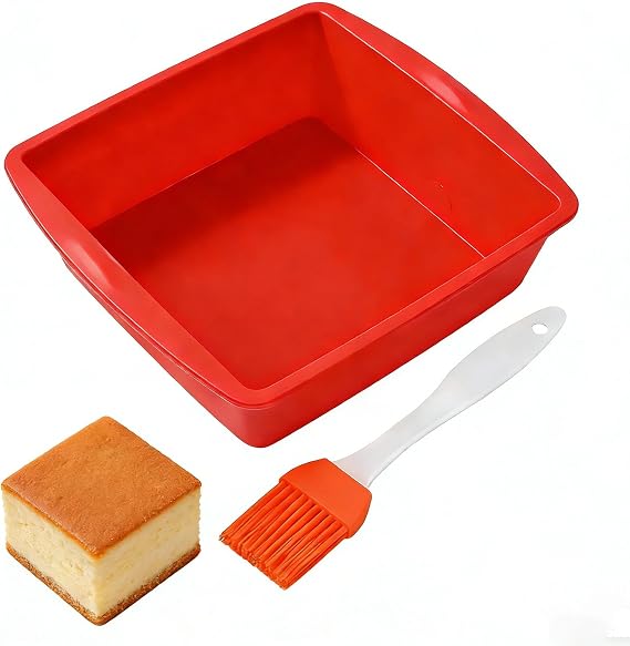 2 PCS Square Cake Tin, 20cm Easy-Release Silicone Cake Moulds with Brush, Non-Stick Baking Trays & Brownie Pans for Cheesecake, Cake, Bread and Chocolate Pie