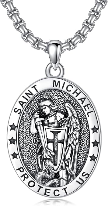 925 Sterling Silver St Michael/St Christopher Oval Round Medal Archangel Cross Necklace with 22+2 Chain