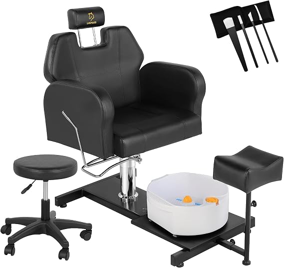 Pedicure Chair for Nail Tech,No Plumbing Pedicure Station with Heavy Duty Hydraulic,Reclining Pedicure Chair with Adjustable Height and 360 Degree Swivel,Spa Chair with Massage Foot Bath (430BlackKOU)
