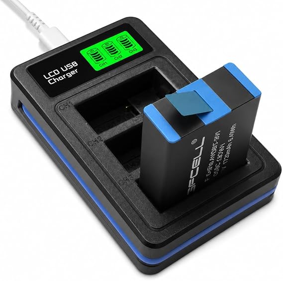 Coverzone 1 Adet Batarya GoPro Hero 9 Hero 10 Hero 11 Hero 12 ile Uyumlu 3 Slot LCD Ekranlı USB Batarya Şarj Cihazı AHDBT-901 Batarya Destekli Hızlı Şarj Ünitesi | (GO901 Şarj Cihazı ve Pil)