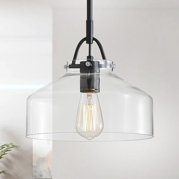 WUZUPS Chandelier Rustic Farmhouse Industrial Round Ceiling Pendant LED Light Fixture with Clear Glass Shades for Dining Room Kitchen Island Foyer Entryway, H 9.4" x W 10.6", E26 Base, Black