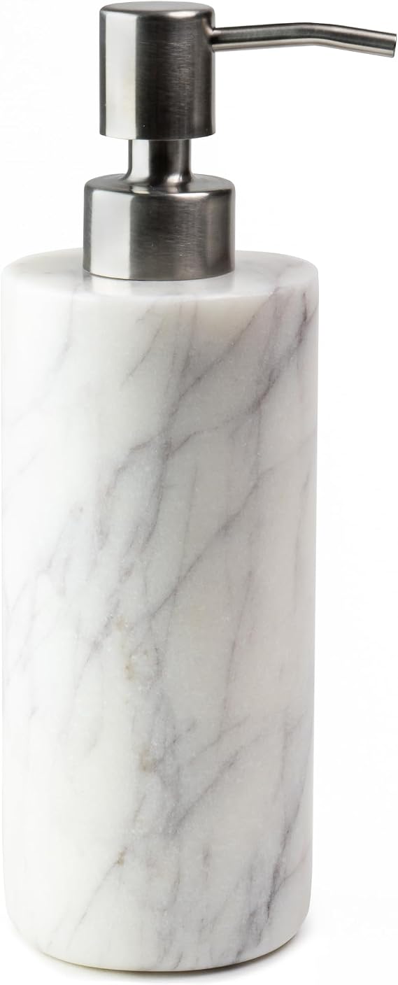 Cork & Mill Marble Soap Dispenser with Stainless Steel Pump Top | Real Natural White Stone for Bathroom Countertop or Kitchen Sink, Holds Lotion, Dish or Hand Soap