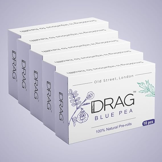 Drag Blue Pea, 10x5 Smooth and Subtle Herbal smokes (1 1/4 size), Blend of Baby Mugwort Leaves, Himalayan Sage and Blue Pea Petals, Nicotine Free, Tobacco Free, Relieve stress and Enhance your mood