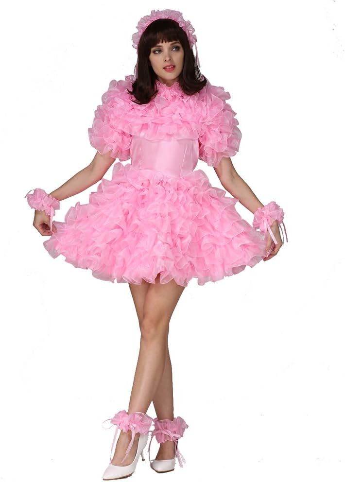 Women Sissy French Maid Lockable Organza Puffy A Line Dress Uniform Crossdress