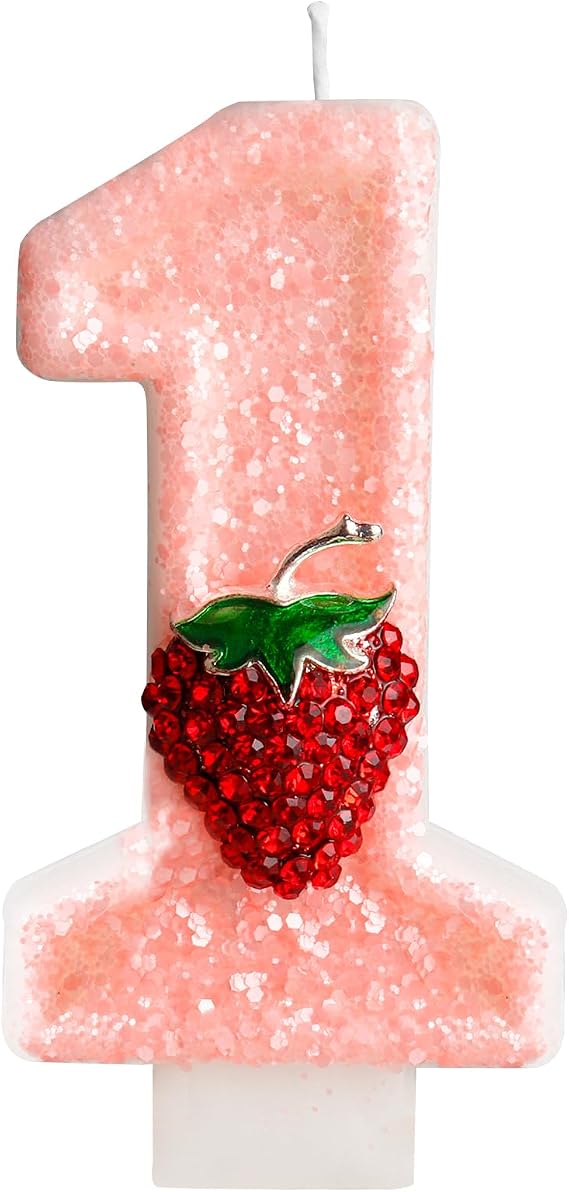 Zi Lan Pink Strawberry Birthday Candles Number 1, Glitter Sequins Number Candles with Strawberry Birthday Cake Candles for Girls Women, Birthday Party Wedding Anniversary Celebration Supplies