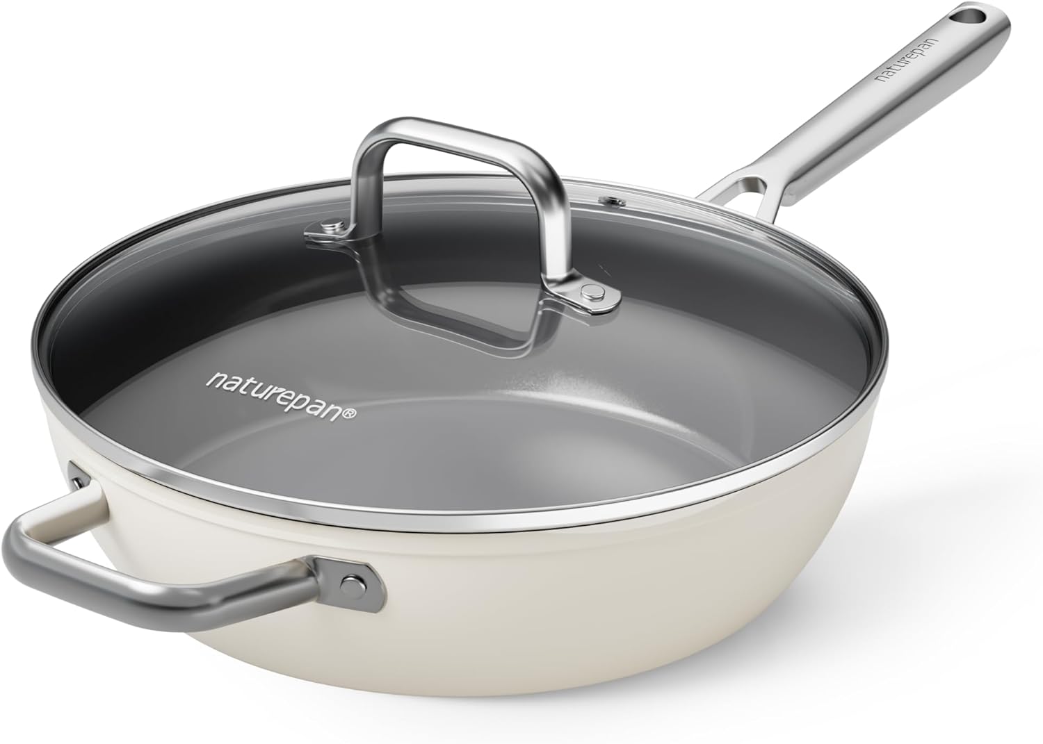 28cm Ceramic Deep Frying Pan, Diamond-Titanium Nonstick Pan with Lid, PFAS & PTFE & PFOA Free, Stainless Steel Handle, Dishwasher/Oven Safe, Beige