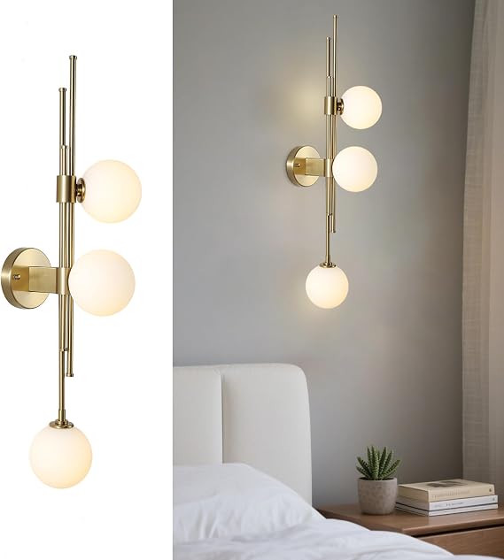 3-Light Globe Wall Sconces, Mid Century Modern Wall Light Fixtures, Vanity Lights with White Glass Shade, Metal Wall Light for Bedroom Living Room