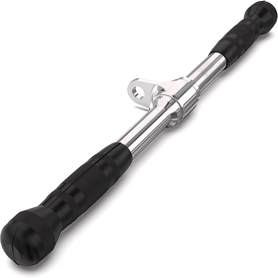Synergee Straight Bar Cable Attachment. Universal Attachment for Cable Machines. Pull Down/Press Down Bar Accessory. Available Sizes 12, 14, 18" and 20. Optional Rubber Grip.