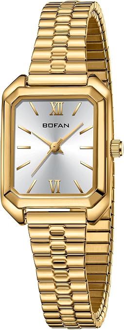 BOFAN Square Small Gold Watches for Women Easy Read Ladies Quartz Wrist Watch with Stainless Steel Expansion Band,Water Resistant.
