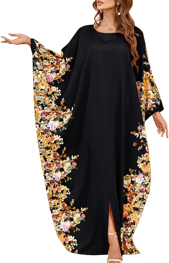 ODIZLI Ramadan Abaya for Women Muslim Batwing Sleeve Floral Print Prayer Dress Dubai Turkey Kaftan