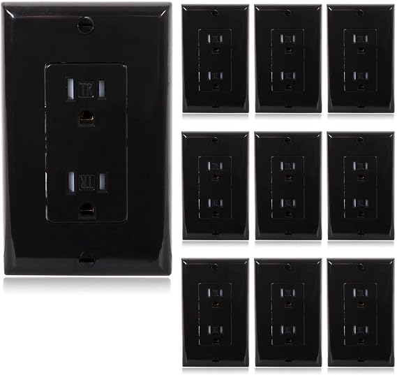 Maxxima 15A Tamper Resistant Duplex Receptacle Wall Outlet, Black, 10 Pack