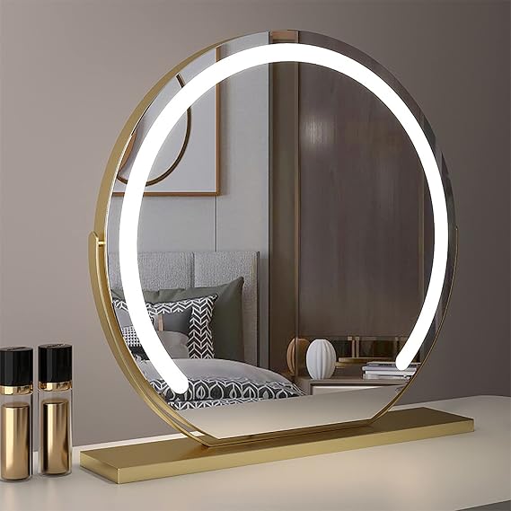 REIFNA Makeup Mirror with Lighting,Lighting Can be Adjusted,Can Be Rotated 360,Smart Mirror with Inductive Touch Switch,Tabletop Mirror for Bedroom and Dressing Room (Color : Gold, Size : 40x40cm)
