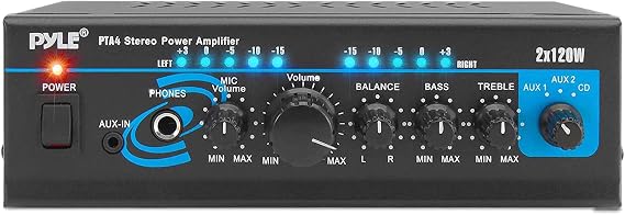 Home Audio Power Amplifier System - 2X120W Mini Dual Channel Mixer Sound Stereo Receiver Box w/ RCA, AUX, Mic Input - For Amplified Speakers, PA, CD Player, Theater, Studio Use - Pyle PTA4 Black