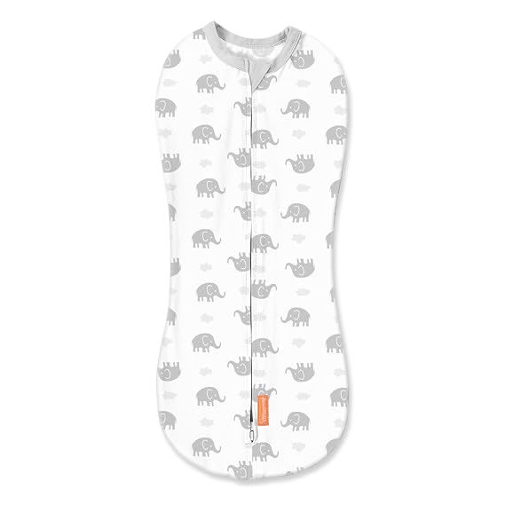 SwaddleMe by Ingenuity Compression Swaddle Pod, Two-Way Zipper for Easy Changes, Improves Sleep & Calms Startle Reflex, 0-2 Months, 1-Pack - Grey Elephant Skies