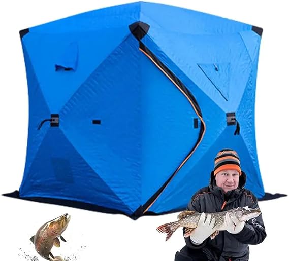 Insulated Ice Shanty 3-4 Person Portable Ice Fishing Shelter with Stove Jack,Pop-Up Ice Fishing Tent Ice House with 2 Doors 4 Windows for Ice Fishing Winter Camping