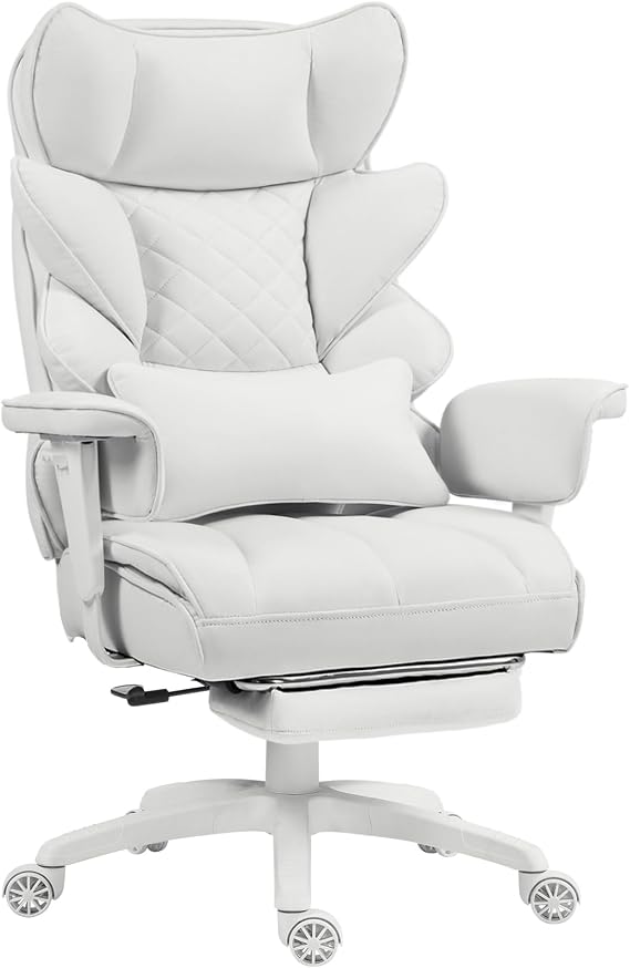 Dowinx Big and Tall Office Chair with Pocket Spring Cushion,High Back Computer Gaming Chairs with Adjustable Armrests,Executive Desk Chairs with Lumbar Support and Footrest,Cloth-White