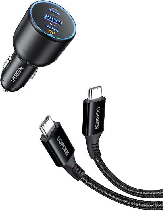 UGREEN 130W Car Charger & 100W USB-C Cable-3 Port 12V Fast Charger for iPhone 17/16 Series and Galaxy S25/S24, with 2M 100W Type-C to C Cable for MacBook, iPad Pro and Laptops