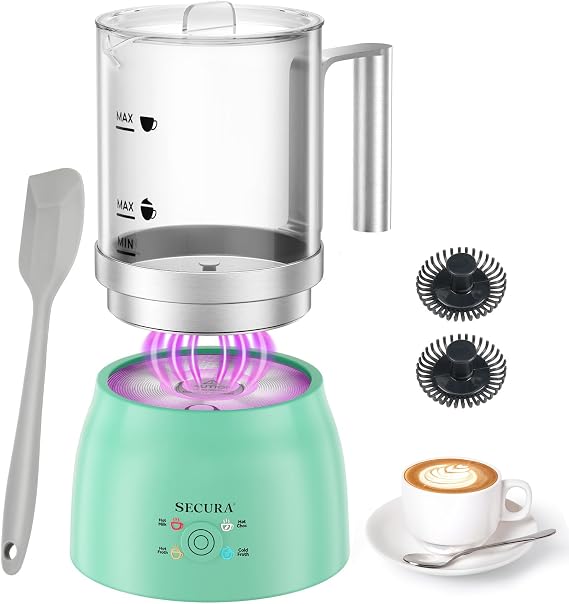Secura Detachable Milk Frother and Steamer, 17oz Electric Milk Warmer 4-in-1 Hot/Cold Foam Maker, Teflon-Free and Non-Stick Coating-Free Glass Milk Jug, Dishwasher Safe for Hot Chocolate (Green)