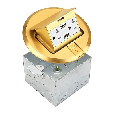 SLFB-PU-USB-BR 20A Pop Up USB Outlet Receptacles, Tamper Resistant Round Electrical Floor Box with Brass Cover, Retractable Recessed Socket for Countertops & Floors
