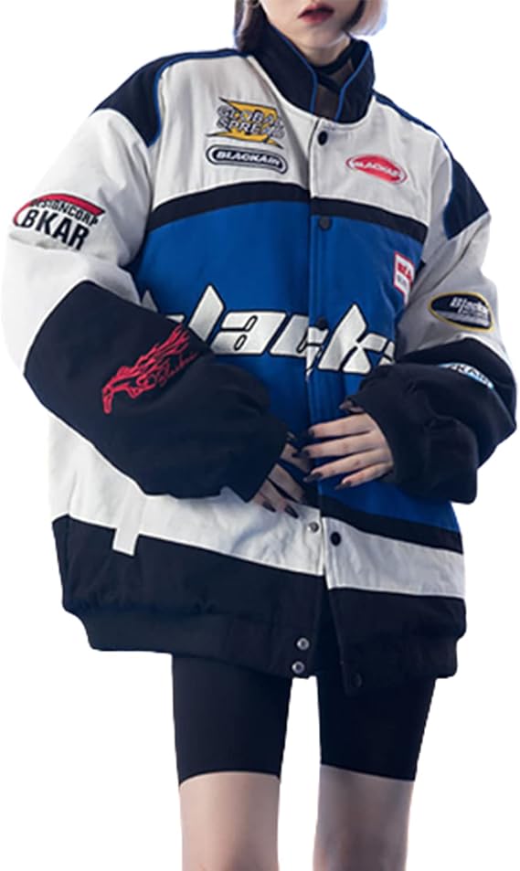 Retro Racing Jacket Letterman Baseball Bomber Varsity Jacket Baggy Y2K Clothing Motor Biker Racer Jacket Techwear