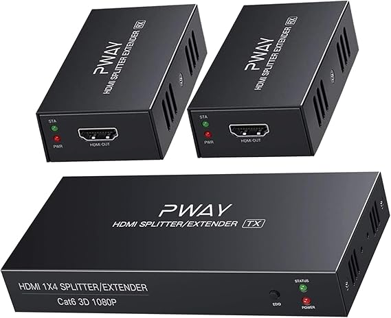 PW-HTS0102(POC) HDMI Splitter Extender 1X2 Port Over Cat5e/Cat6 Ethernet Cable No delay Up to 50m/165ft and Resolution Up to 1080P@60Hz(1 In 2 Out)