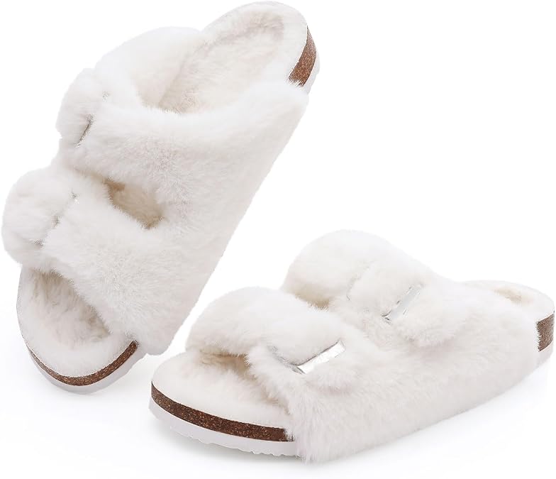 KIDMI Fuzzy Slippers for Women with Cork Footbed Fluffy Slides House Shoes