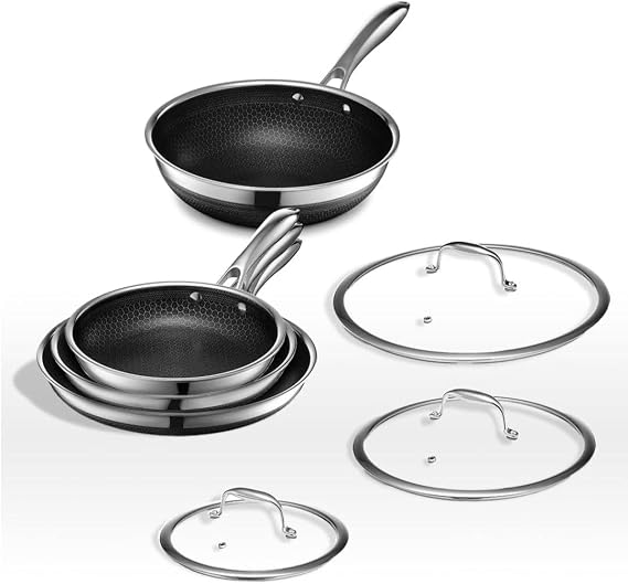 HexClad Hybrid Nonstick 7-Piece Pan Set, 8, 10, and 12-Inch Frying Pans with Tempered Glass Lids and 10-Inch Wok, Stay-Cool Handles, Dishwasher-Friendly, Induction Ready, Compatible with All Cooktops