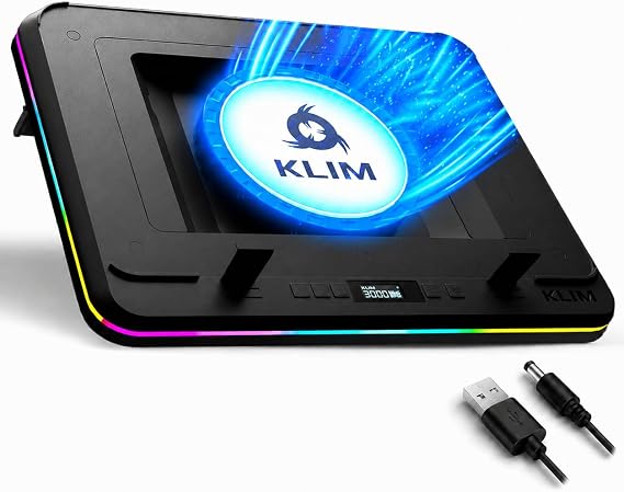 KLIM Turbofrost MAX - RGB Laptop Cooling Pad, Gaming Laptop Cooler with Powerful Turbo Fan XL, Fast Cooling Laptop, 15.6-17 Inch, Smart Inlay System for Optimal Airflow, Speed Adjustment, LCD Screen | ダイレクトエアフロー用のスマートインレイ、デュアルUSB-C/DC電源、3つの追加USBポート、最大17.3インチ、LCD、RGB、速度調整。