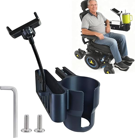3-in-1 Walker Cup Holder & Cell Phone Holder & Storage Basket - Permobil Wheelchair Accessories M300, M3, M1, F3, F5, K300 PS Models