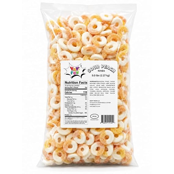 Sour Peach Rings Halal Gummy 5 lbs bulk Fruity, Soft, Sweet & Sour Peach Candy, Gift Snacks, Party Favors, Halal, 5 Pound (Pack of 1)