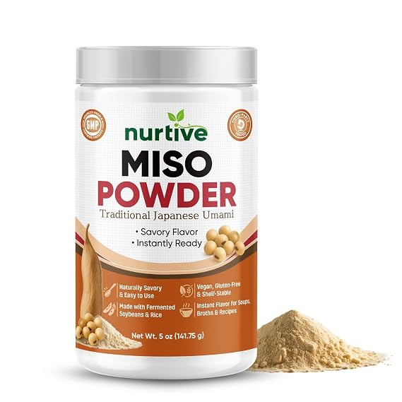 Nurtive Miso Powder Japanese Umami-Inspired Instant Seasoning for Soup, Broth, Marinades & Sauces Fermented Soybeans & Rice No Refrigeration, Shelf-Stable, No Mess, Vegan, Gluten-Free 5 oz