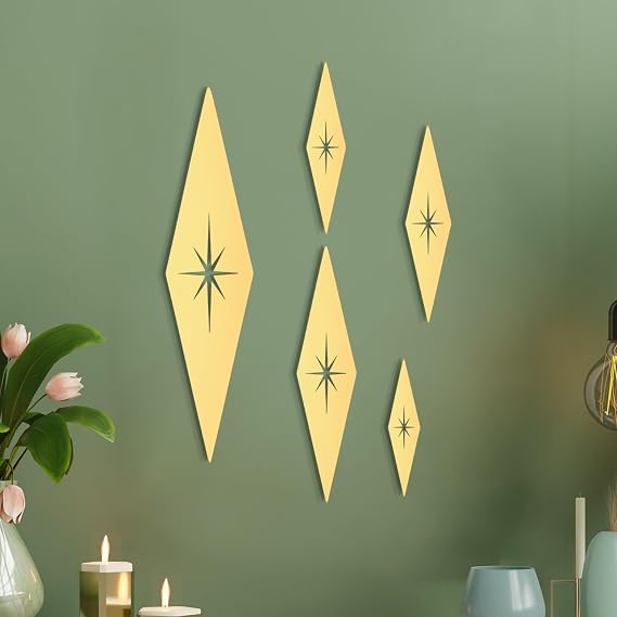 Yaocom 5 Pcs Midcentury Metal Wall Art Gold Diamond Starburst
