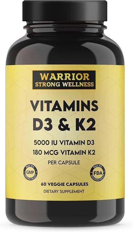 Vitamin D3 and K2 Supplement, 60 Capsules | 5000IU Vitamin D3, 180MCG Vitamin K2, Immune, Heart Health, 2 Month-Supply, Veggie Capsules