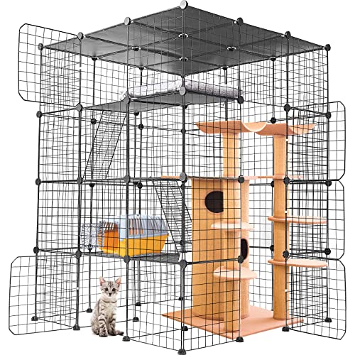 Large Cat Cage Indoor DIY Pet Playpen Detachable Metal Animal Kennels Crate Small Animal House Foldable Yard Fence Cage Large Exercise Place with 5 Door 4 Tier for 1-4 Cats, Guinea Pigs Hamster Ferret