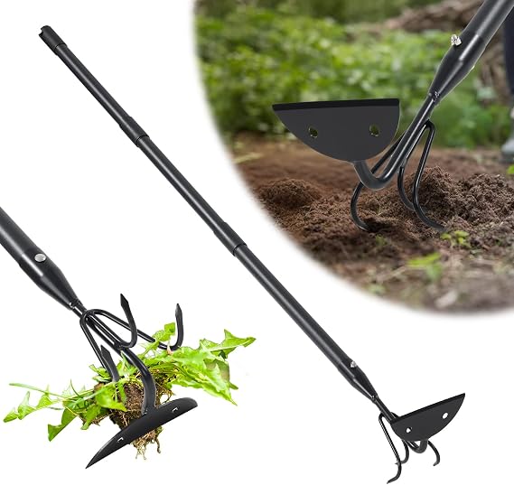 COCONUT 2-in-1 Garden Hoe, 45" Weeding & Cultivating Tool with Curved Tines & Sharp Blade, Stand-Up Design Saves Your Back, for Loosening Soil in Vegetable Garden & Flower Beds