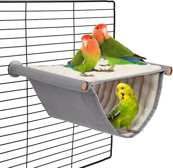 BWOGUE Bird Nest Bed Hanging Hammock, Parakeet Bed for Cage, Cockatiel Bed | Warm Fleece Snuggle Hut, Double-Layer Comfort, Wooden Perch Setup, Washable Hammock, Medium, Grey, Small Birds