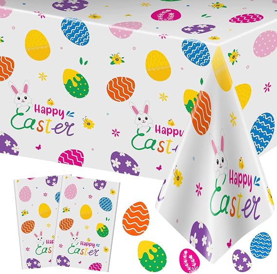 PADELO 2 Pieces Happy Easter Tablecloth, Rectangle Plastic Easter Bunny Eggs Table Cloth, Disposable Waterproof Easte Table Cover for Easte Day Tables Decorations and Party Supplies Decor, 54 x 108