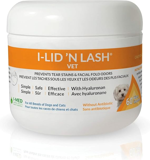 I-LID 'N LASH Vet Dog Eye Wipes, Tear Stain Preventer, Hyaluronan, 60 Ct