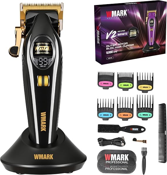 WMARK Professional Infinite Cordless Left-Handed Friendly Hair Clipper Roller Speed Control, Charging Dock, 9000RPM Outer Rotor BLDC, DLC Steel Blade, Barbershop Tool, NG-V2 (Black)