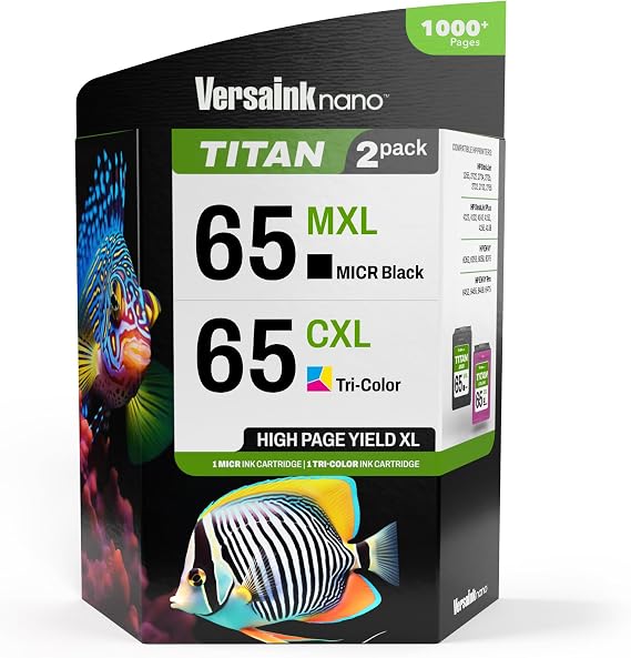 VersaInk-Nano 65 MXL Titan-Magnetic Black & Color 2-Pack - Replaces 65 and 65 XL, Works with Deskjet 3700 Series, 2600 Series, Envy 5000 Series