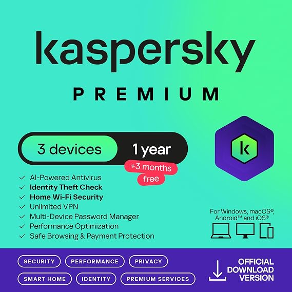 Kaspersky Premium 2026 | 3 Device | 1 Year +3 Months Free | AI Powered AV | Safe Browsing | Anti-Phishing | Unlimited VPN | Password Manager | Smart Home Monitor | Premium IT Support | PC/Mac/Mobile